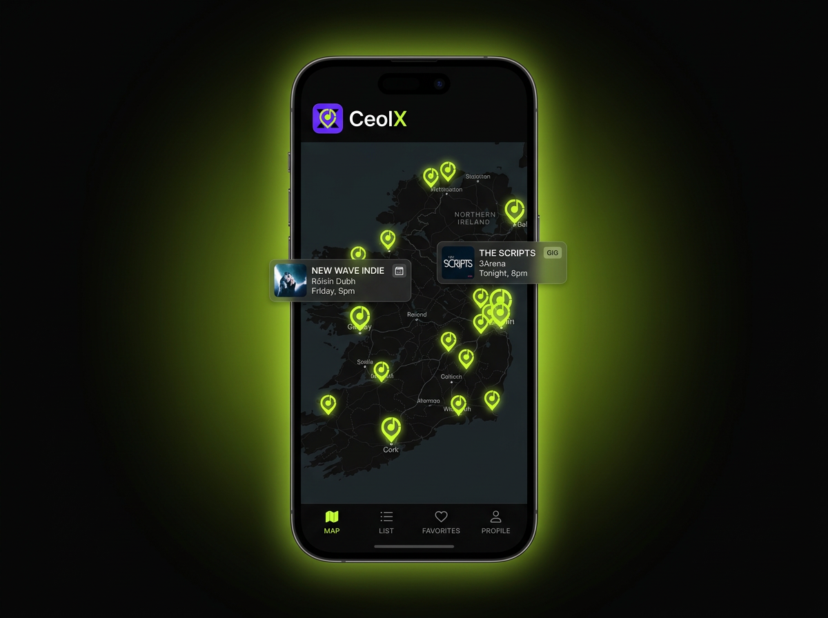 CeolX app showing a live map of gigs across Ireland